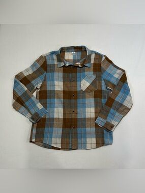 Boys Brown Blue Cream Plaid Button Down Flannel Shirt Size 10Y